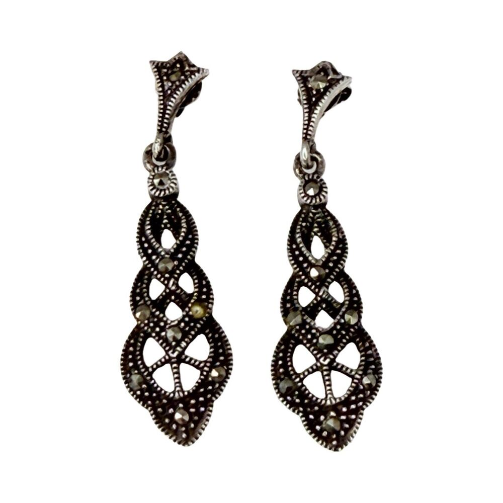 925 Sterling Silver Marcasite Dangle Earrings 1 3/8" Tiered Art Deco Sparkle - Picture 7 of 10